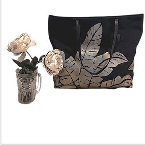 Foley + Corinna Black Canvas Muted Gold Metallic Palm Leaves Tote Bag